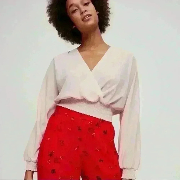 Aritzia Wilfred Reign Rose Quartz Smocked Long Sleeve Cottagecore Flowy Blouse L - Picture 1 of 9